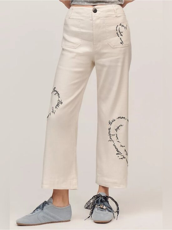Anthropologie Pants - NWT Size 30 - The Colette Linen-Blend Love Notes embroidery Trousers (US$158)